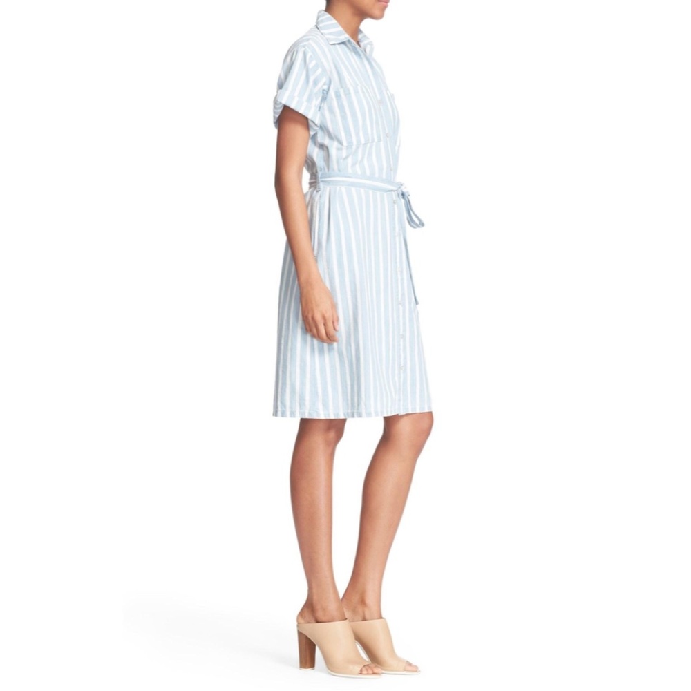 Frame Denim Light Blue and White Striped Midi Shirt Dress